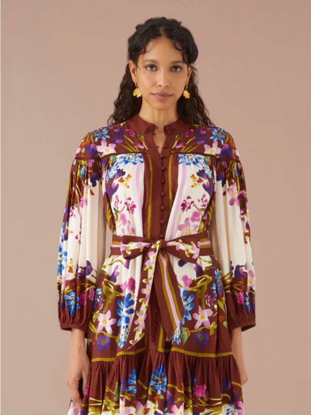 Floral Tie-Waist Mini Dress in Brown and Cream